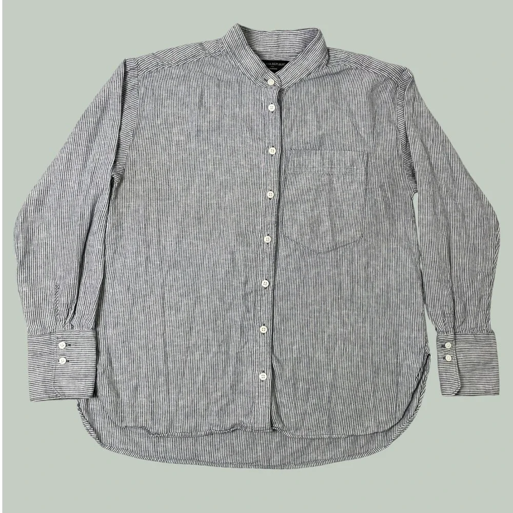 Banana Republic Shirt Mens Medium Blue White Stripe Linen Blend Banded Collar